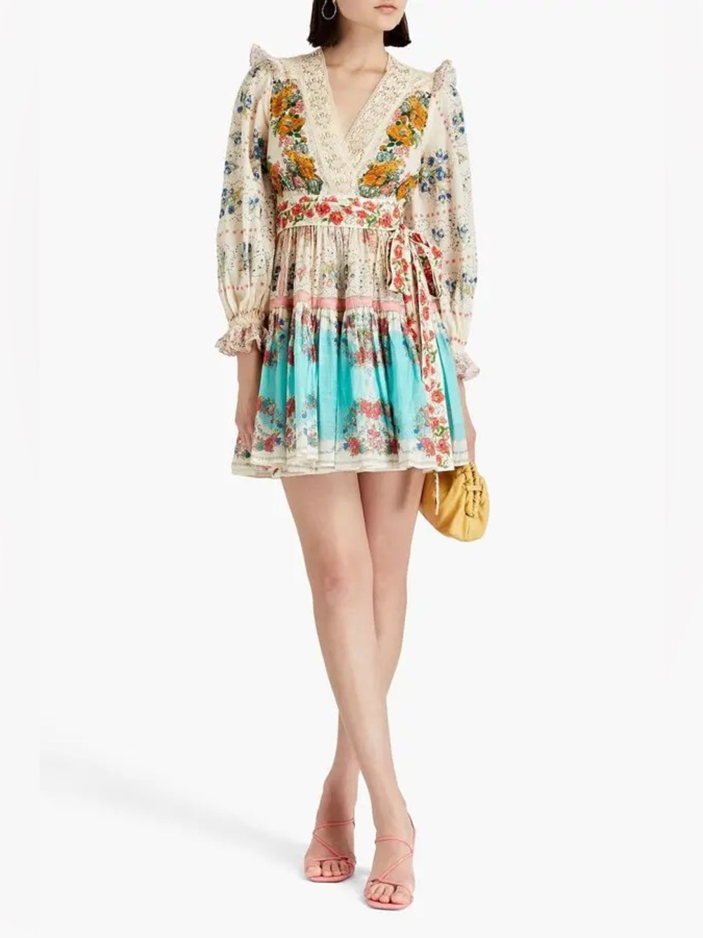 Zimmermann Clover Patched Wrap Mini Dress in Patch Painted Floral, Size 1 Small